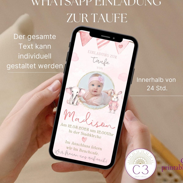 Digital Rosa Hase Einladungskarte, Personalisiert Mädchen Taufe Arche mit Foto online Digitale ecard Einladung zum versenden per WhatsApp