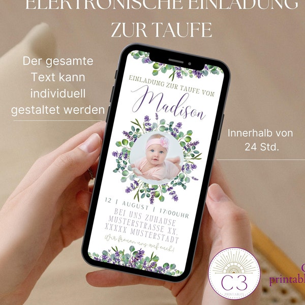 Digital Lavendel Taufe Einladungskarte, Personalisiert Taufe Arche mit Foto online Digitale ecard Einladung zum versenden per WhatsApp