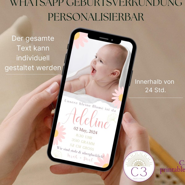 Digital Blumen Geburtsanzeige Baby Ankündigung, Personalisiert Baby Verkündung Geburtsanzeige mit Foto online ecard für Handy WhatsApp