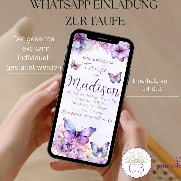 Digital Lila Taufe Einladungskarte, Personalisiert Mädchen Taufe Arche mit Foto online Digitale ecard Einladung zum versenden per WhatsApp