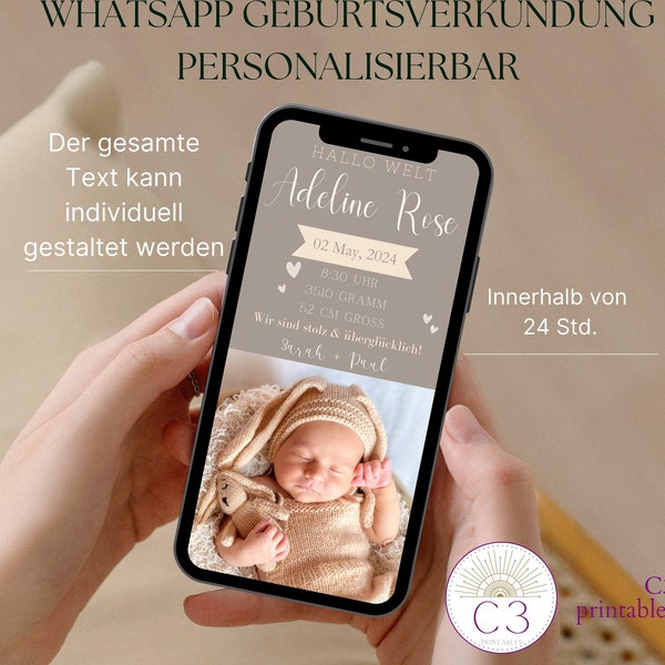 Digital Geburtsanzeige Baby Ankündigung, Personalisiert Baby Verkündung Geburtsanzeige mit Foto online Digitale ecard für Handy WhatsApp