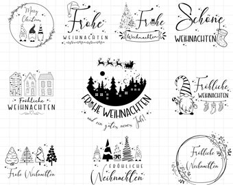 May include: A set of 10 black and white Christmas illustrations featuring various designs, including gnomes, Christmas trees, houses, and wreaths. The illustrations include the text "Frohe Weihnachten" and "Fröhliche Weihnachten".