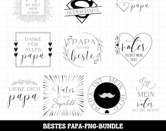May include: A set of 10 black and white digital illustrations featuring various designs with the word "papa" or "vater" in German. The designs include a heart, a crown, a superhero symbol, and a mustache.