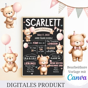 Einschulungstafel Teddybär Meilensteintafel erster Schultag, Chalkboard Einschulung Geschenk 1. Schultag, Mädchen Meilensteintafel Schultag