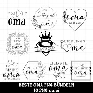 Pu&ograve; includere: Un set di 10 grafiche digitali in bianco e nero che presentano diversi design con la parola "oma" in vari stili. I design includono cuori, fiori, corone e altri elementi decorativi. Il testo "BESTE OMA PNG B&Uuml;NDELN 10 PNG datei" &egrave; nella parte inferiore dell'immagine.