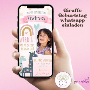Digitale Giraffe Einladung Kindergeburtstag, Personalisierbare Tiere e-card WhatsApp Einladung Mädchen, Geburtstagseinladung per Handy