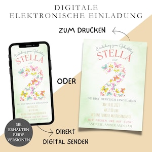 Schmetterling Kindergeburtstagseinladung, Schmetterlinge Geburtstagsparty Einladungkarte – digital teilen oder zu Hause ausdrucken