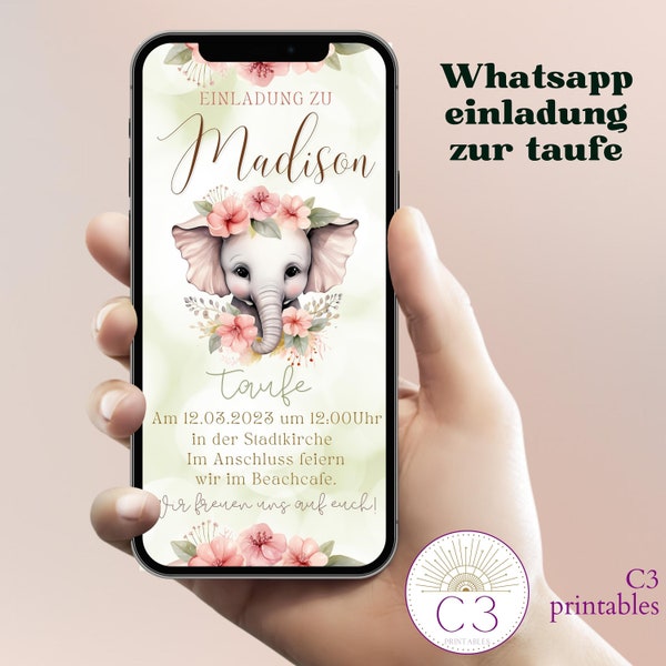 Digital Elefant Einladungskarte, Personalisiert Mädchen Taufe Arche mit Foto online Digitale ecard Einladung zum versenden per WhatsApp