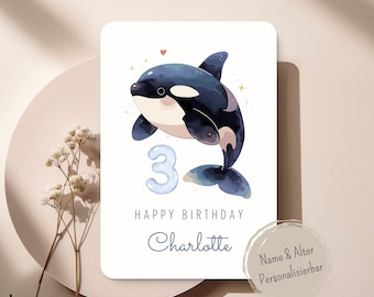 Personalisierte Killerwal Geburtstagskarte mit Name und Alter – Süße Orca Kinderkarte im Aquarellstil, Keepsake & Kinderzimmer Deko