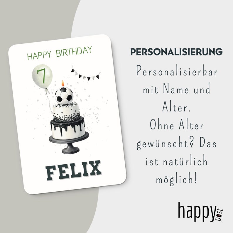 May include: A birthday card with a soccer ball cake, a balloon with the number 7, and the name "FELIX". The card has the words "HAPPY BIRTHDAY" at the top. The card is white with black and green accents.
