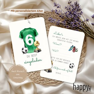 May include: Two white invitation cards with soccer-themed illustrations. One card features a green jersey with the number 6, a soccer ball, and a trophy. The other card has text and soccer cleats.