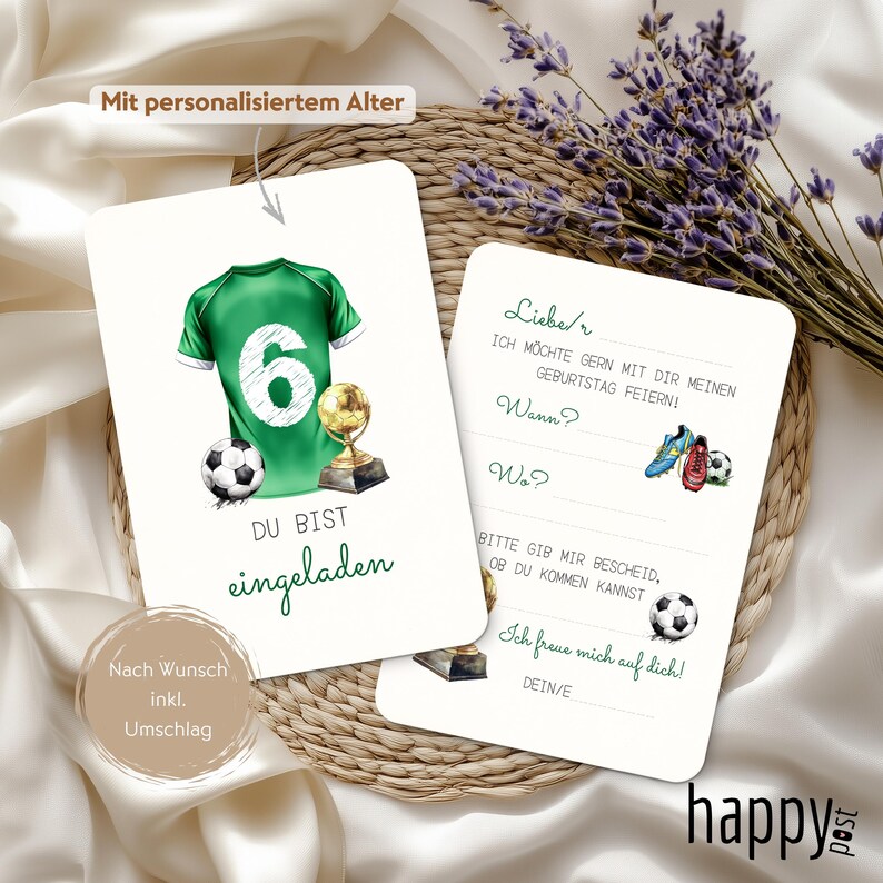 May include: Two white invitation cards with soccer-themed illustrations. One card features a green jersey with the number 6, a soccer ball, and a trophy. The other card has text and soccer cleats.