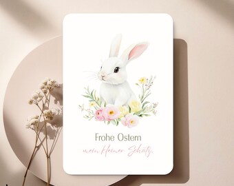 Frohe Ostern, mein kleiner Schatz Osterkarte – Süßer Aquarell Hase mit Blumen – Osterkarte für Babys & Kinder – Mädchen Osterkarte