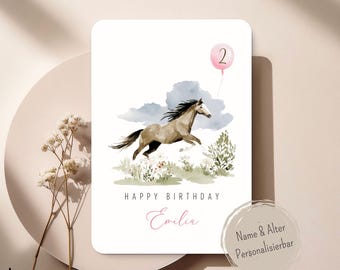 Personalisierte Pferde Geburtstagskarte – Aquarell Pferd mit Name & Alter – Süße Kindergeburtstag Karte für Mädchen - Horse birthday card