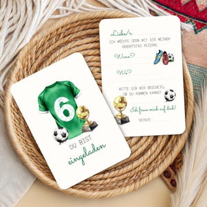 May include: Two white invitation cards with soccer-themed illustrations. One card features a green jersey with the number 6, a soccer ball, and a trophy. The other card has text and soccer shoe illustrations. The text says "You are invited".