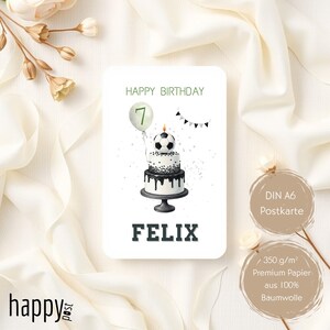 May include: A birthday card with a soccer ball cake design. The card says "Happy Birthday" and "Felix". A green balloon with the number 7 is also featured. The card is on a white background with a floral accent.