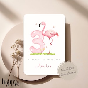 Personalisierte Flamingo Geburtstagskarte – Aquarell Flamingo mit Schmetterlingen & Blumen – Mädchen Geburtstag – Karte mit Name und Alter