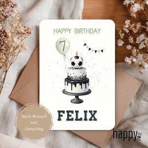May include: A birthday card with a soccer-themed cake, a balloon with the number 7, and the name "FELIX" in bold letters. The card has the words "HAPPY BIRTHDAY" at the top and is on a neutral background.