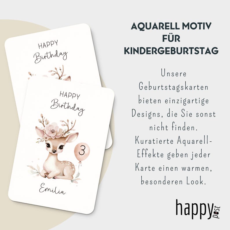 May include: Two birthday cards with a watercolor illustration of a fawn wearing a floral crown and holding a balloon with the number 3. The cards have the text "Happy Birthday" and "Emilia". The text "AQUARELL MOTIV F&Uuml;R KINDERGEBURTSTAG" is also visible.