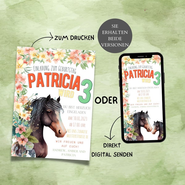 Pferde Mädchen Kindergeburtstagseinladung, Pferde Geburtstagsparty Einladungkarte – digital teilen oder zu Hause ausdrucken