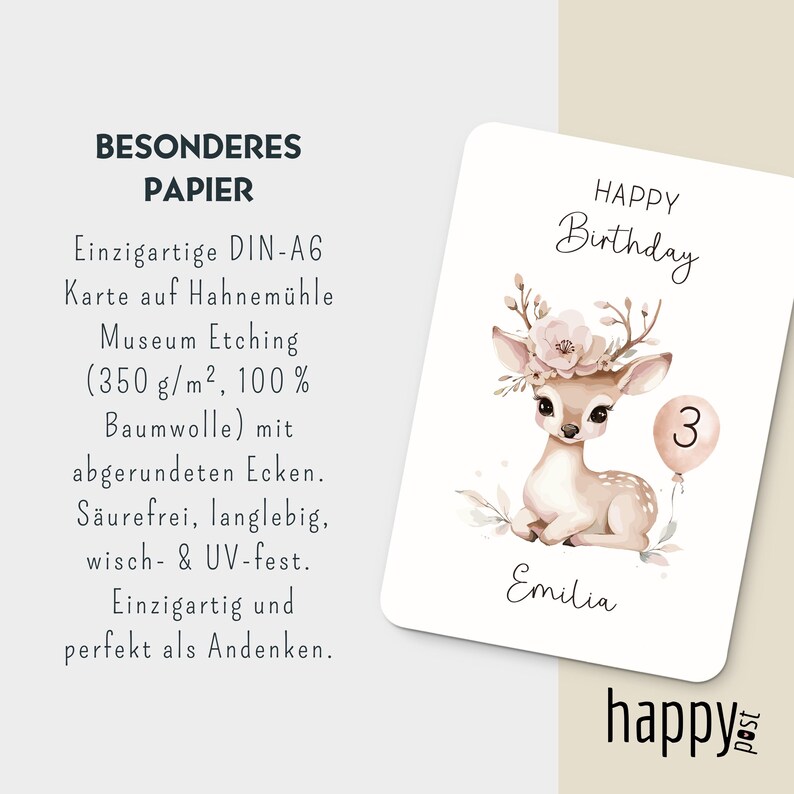 May include: A birthday card with a watercolor illustration of a fawn wearing a floral crown and holding a balloon with the number 3. The card has the text "Happy Birthday" and the name "Emilia". The card is white with rounded corners.