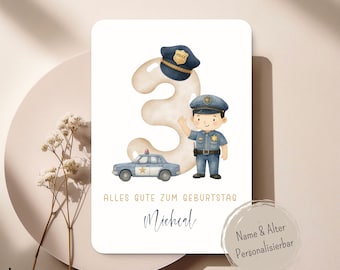 Polizei Geburtstagskarte für Jungen – Personalisierte Kinderkarte mit Name & Alter – Polizei Auto Design – Blaulicht Karte