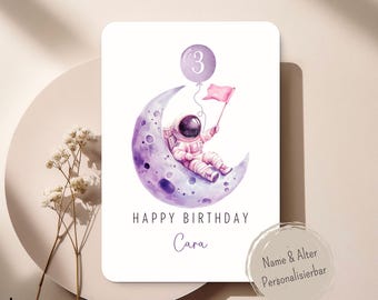 Personalisierte Astronautin Geburtstagskarte – Space Mädchen Karte – Mit Name & Alter – Weltraum Aquarell – Süße Kindergeburtstagskarte