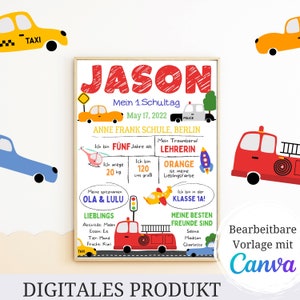 Einschulungstafel Transportfahrzeuge, Meilensteintafel erster Schultag, Chalkboard Einschulung Geschenk 1 Schultag Meilensteintafel