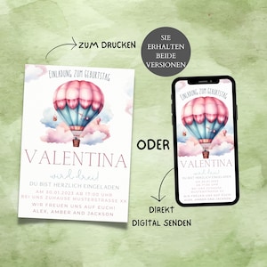 WhatsApp heissluftballon Kindergeburtstagseinladung, Ballon Geburtstagsparty Einladungkarte – digital teilen oder zu Hause ausdrucken