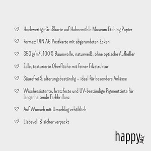 May include: A light-colored card with text in German, including details about the paper, format, and ink used. The card is made of 350 g/m&sup2; cotton paper and has a textured surface. The card is acid-free and age-resistant.