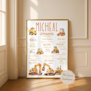 May include: A framed poster with a gold border, featuring a personalized design for a child's birthday. The poster includes the name "MICHEAL", the date 20-02-2020, and various facts about the child, such as height (109 cm) and favorite things.