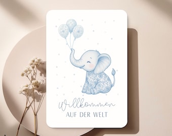 Willkommen auf der Welt Karte – Baby Junge Blauer Elefant mit Ballons – Glückwunschkarte zur Geburt – Süße Babykarte & Erinnerungsstück