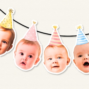 Personalisierte Fotogirlande Baby | 1. Geburtstag Deko | Foto Banner mit Babygesicht | Baby Party Cupcake topper Cake Smash
