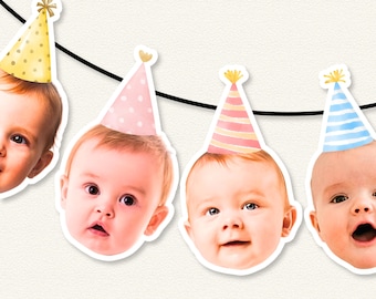 Personalisierte Fotogirlande Baby | 1. Geburtstag Deko | Foto Banner mit Babygesicht | Baby Party Cupcake topper Cake Smash