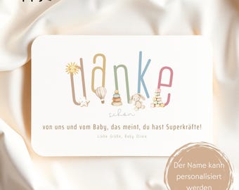 Tarjeta de Dankes personalizada para Hebamme, Danke schön von uns und vom Baby, das meint, du hast Superkräfte!1, Boho Karte Geburt & Wochenbett
