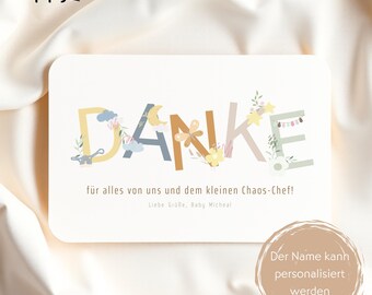 Tarjeta de Dankes personalizada para Hebamme o Babysitter – "¡Danke für alles von uns und dem kleinen Chaos-Chef!" – Geburt & Wochenbett