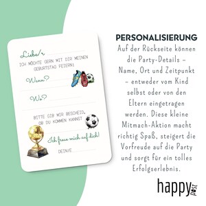 May include: A white invitation card with a rounded corner design. The card features text and illustrations of soccer balls, cleats, and a trophy. The text includes phrases like "Birthday Party" and "RSVP". The card is designed for a children's birthday party.
