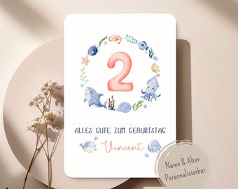 Personalisierte Unterwasser Geburtstagskarte – Süße Ozean Tiere mit Name & Alter – Aquarell Meerestiere Kindergeburtstag Karte