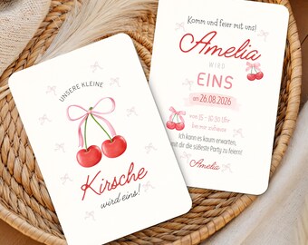 Cherry Geburtstagseinladung Mädchen – Personalisierte Coquette Einladung – Süße Kirsch Party Einladungskarte – Cherry Bow Birthday Invite