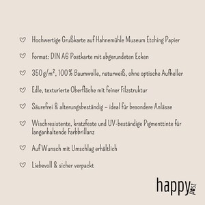 May include: A beige card with rounded corners, featuring text in German. The card is made of 350 g/m&sup2; cotton paper and is acid-free. The text includes details about the paper, ink, and packaging.