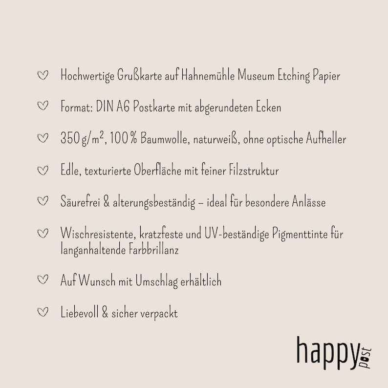 May include: A beige card with rounded corners, featuring text in German. The card is made of 350 g/m&sup2; cotton paper and is acid-free. The text includes details about the paper, ink, and packaging.