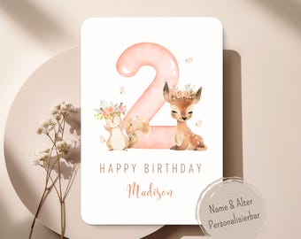 Personalisierte Waldtiere Geburtstagskarte mit Blumen – Aquarell Woodland Tiere Karte mit Name & Alter – Mädchen Geburtstagskarte