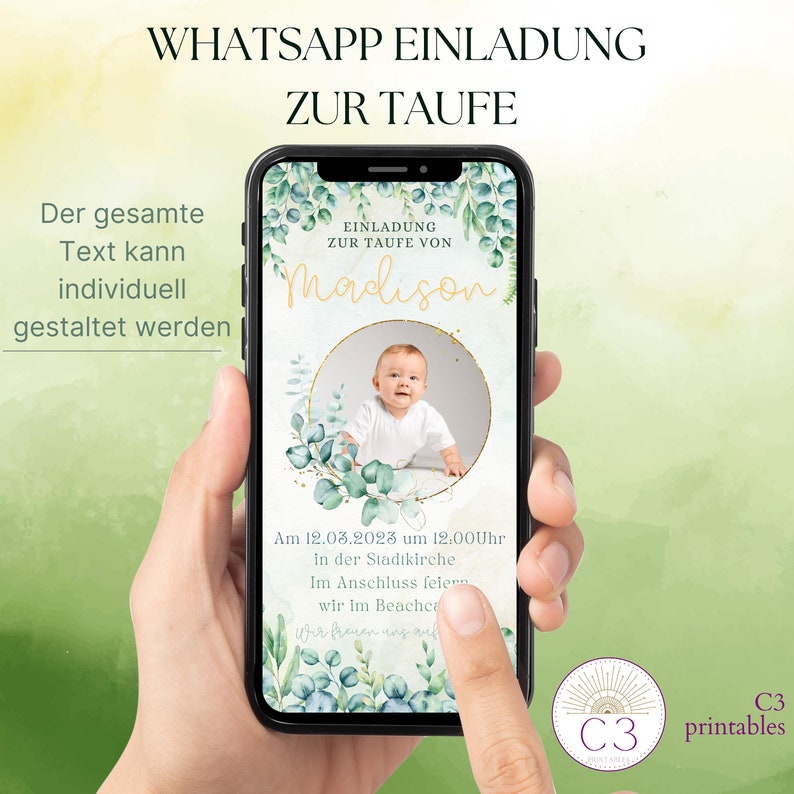 Einladung Zum Frühstück Text Taufe Einladungskarte, Eukalyptus Taufe Mit Foto Online Digitale Ecard