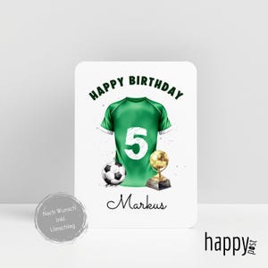 May include: A birthday card with a green soccer jersey graphic, featuring the number 5. The card includes a soccer ball, a trophy, and the words "Happy Birthday" and "Markus". The card has a white background.