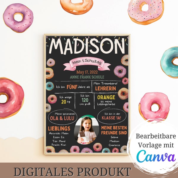 Einschulungstafel Donut, Meilensteintafel erster Schultag, Chalkboard Einschulung Geschenk 1. Schultag, Meilensteintafel Schulanfang