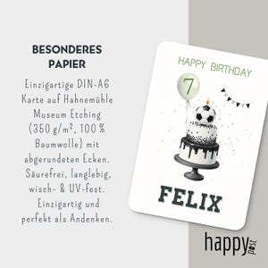 May include: A white birthday card with the text "HAPPY BIRTHDAY" and the number "7" on a balloon. The card features a soccer ball cake with black and white frosting, and the name "FELIX". The card also has the text "happy post".