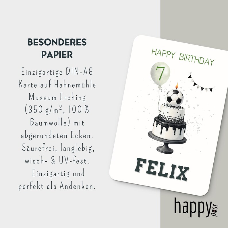 May include: A white birthday card with the text "HAPPY BIRTHDAY" and the number "7" on a balloon. The card features a soccer ball cake with black and white frosting, and the name "FELIX". The card also has the text "happy post".