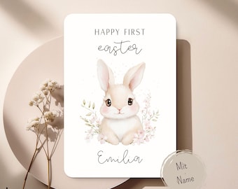 Personifiera "Happy First Easter" Karte med namn – Super Süße Aquarell Osterkarte mit Hase und Blumen – Baby Erinnerungsstück