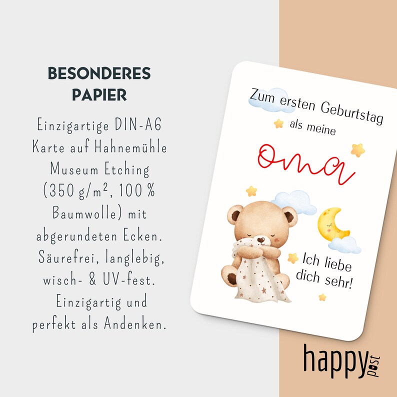 May include: A white card with a watercolor illustration of a teddy bear holding a blanket, a crescent moon, and stars. The card has German text that reads "Zum ersten Geburtstag als meine Oma. Ich liebe dich sehr!" and "happy post".