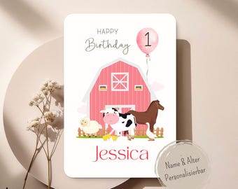 Personalisierte Bauernhof Geburtstagskarte in Rosa – Farmtiere Kuh Schaf Pferd – Kindergeburtstagskarte – Erinnerungsstück & Kinderzimmer
